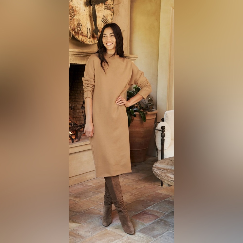 Frank & Eileen Isabelle Funnel Neck Fleece Sweatshirt Midi Dress Camel Brown Xs